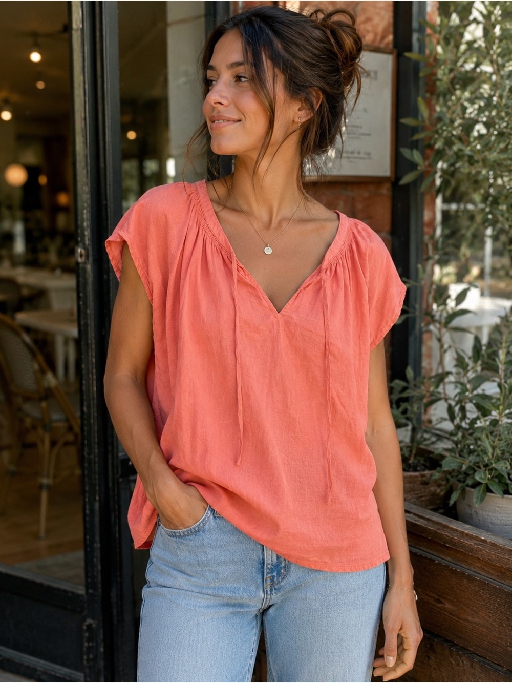New Directions Coral Linen Lyocell Peasant Blouse Large Boho Tie Neck